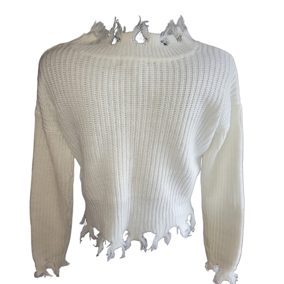 Streetwear Society Distressed White Knit Sweater with Fringed Ends S - Picture 6 of 7